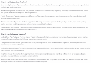 A screenshot of a customer review on Typeform from the G2 platform explaining what they like and dislike about the tool