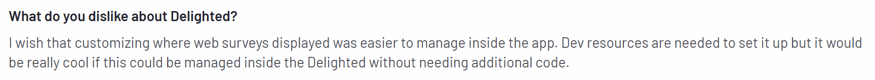 The image shows a con of Delighted on the G2 platform about the tool’s lack of advanced customization options.