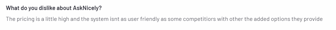 A screenshot of a customer review on AskNicely from the G2 platform