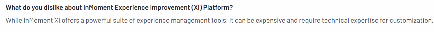 The image shows a customer review of InMoment on the G2 platform on how the platform can be expensive. 