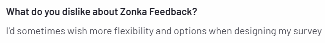 The image shows a customer review of Zonka Feedback on the G2 platform about the lack of flexibility.