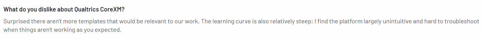 A screenshot of a customer review on Qualtrics from the G2 platform