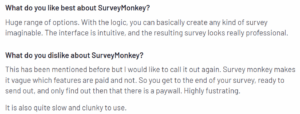 A screenshot of a customer review on SurveySensum from the G2 platform explaining what they like and dislike about the tool