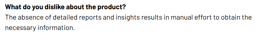 The image shows a con of Delighted on the G2 platform about the tool’s absence of detailed reports and insights.