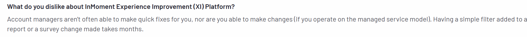 A screenshot of a customer review on InMoment from the G2 platform explaining what they like and dislike about the tool 