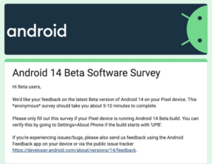 A screenshot of the Android 14 update conducting regular feedback from beta users to know the user experience