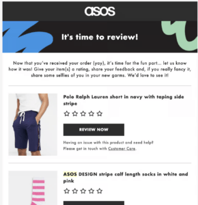 The image shows the example of Asos conducting customer feedback post-delivery