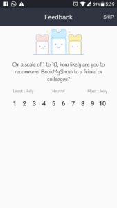 The image shows an in-app chat survey of BookMyShow where the customer is being asked to rate their experience with the app