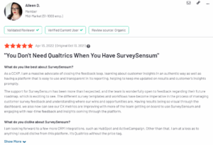An image showing a customer review on the G2 platform where Alleen has given a review on SurveySensum