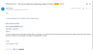 The image shows an email received by the client when a reader left a negative comment about their sign-in/password issue.