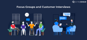 An image showing focus group on the left side and customer interview on the right side