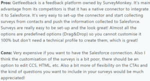A screenshot of a customer review on GetFeedback from the Capterra platform explaining what they like and dislike about the tool