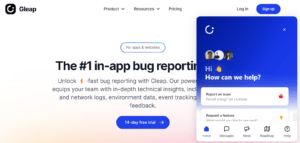A screenshot of the bug reporting widget on Gleap’s platform where users can provide feedback on any bug-related issues and challenges.