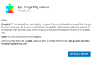 The image shows an invite to the Google beta testing program where users are being asked to become a tester