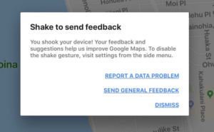 A screenshot of Google’s in-app feedback button where users can simply shake their phones and in-app survey pop-ups where they can submit their feedback.
