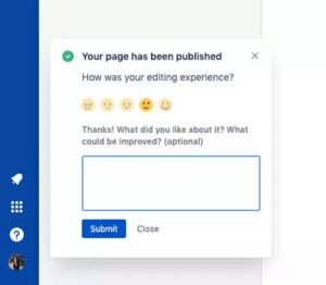 A screenshot of the Jira in-app survey asking how your editing experience on the 5 emoticon scale from very angry to very happy and then asking the second open-ended question to gather targeted in-moment feedback