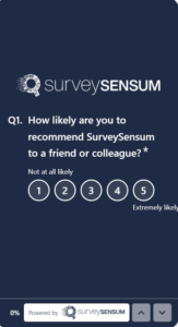 The image shows a mobile-friendly survey asking respondents to rate their likeliness to recommending SurveySensum