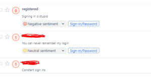 The image shows negative feedback related to the sign-in/password issues.