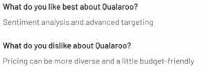 A screenshot of a customer review on Qualaroo from the G2 platform explaining what they like and dislike about the tool