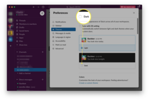 A screenshot showing Slack's feature of switching from light mode to dark mode