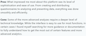 A screenshot of a customer review on SoGoSurvey from the Capterra platform explaining what they like and dislike about the tool