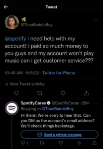 An image showing the Spotify customer review on Twitter and Spotify helping out the customer
