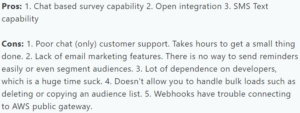 A screenshot of a customer review on SurveySparrow from the Capterra platform explaining what they like and dislike about the tool