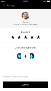 The image shows an in-app survey on the Uber app where the user is being asked to rate their ride experience.