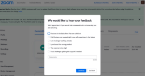 A screenshot of the brand Zoom showing exit intent survey to gather customer feedback website