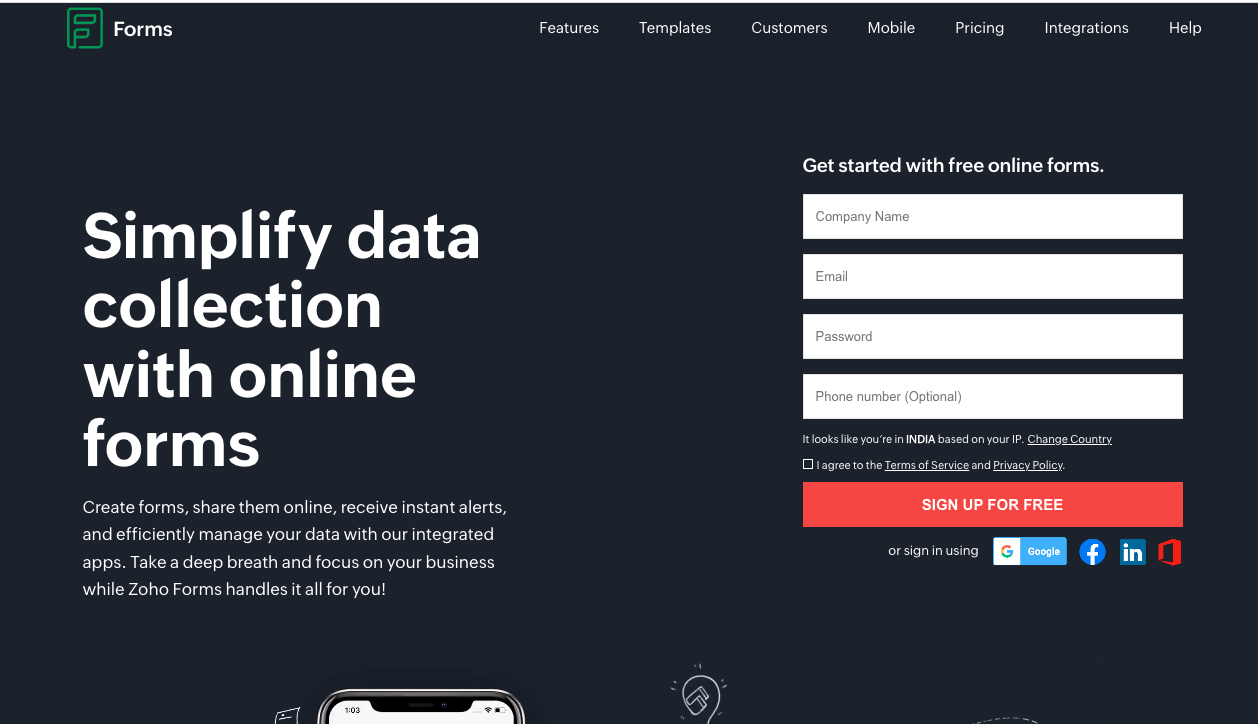 This is the image of the Zoho Forms homepage 