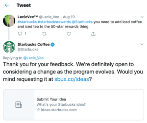 An image showing feedback received on the social media platform, Twitter for Starbucks rewards