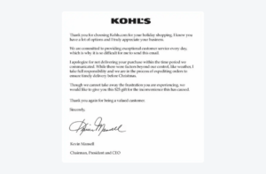 This is the message Kohl sends out to customers to apologize for the delays in delivery.