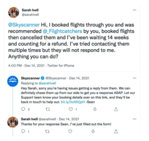 This is an example of how Skyscanner fixes the problem a customer complained about.