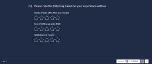 This image shows a CSAT survey where the customer is being asked to rate their experience with different interactions like clarity of loan offere, fees, and charges, setting up auto-debit, and helpfulness