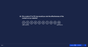 An image showing one of the website usability survey questions asking - On a scale of 1 to 10, how would you rate the effectiveness of the content on our website?