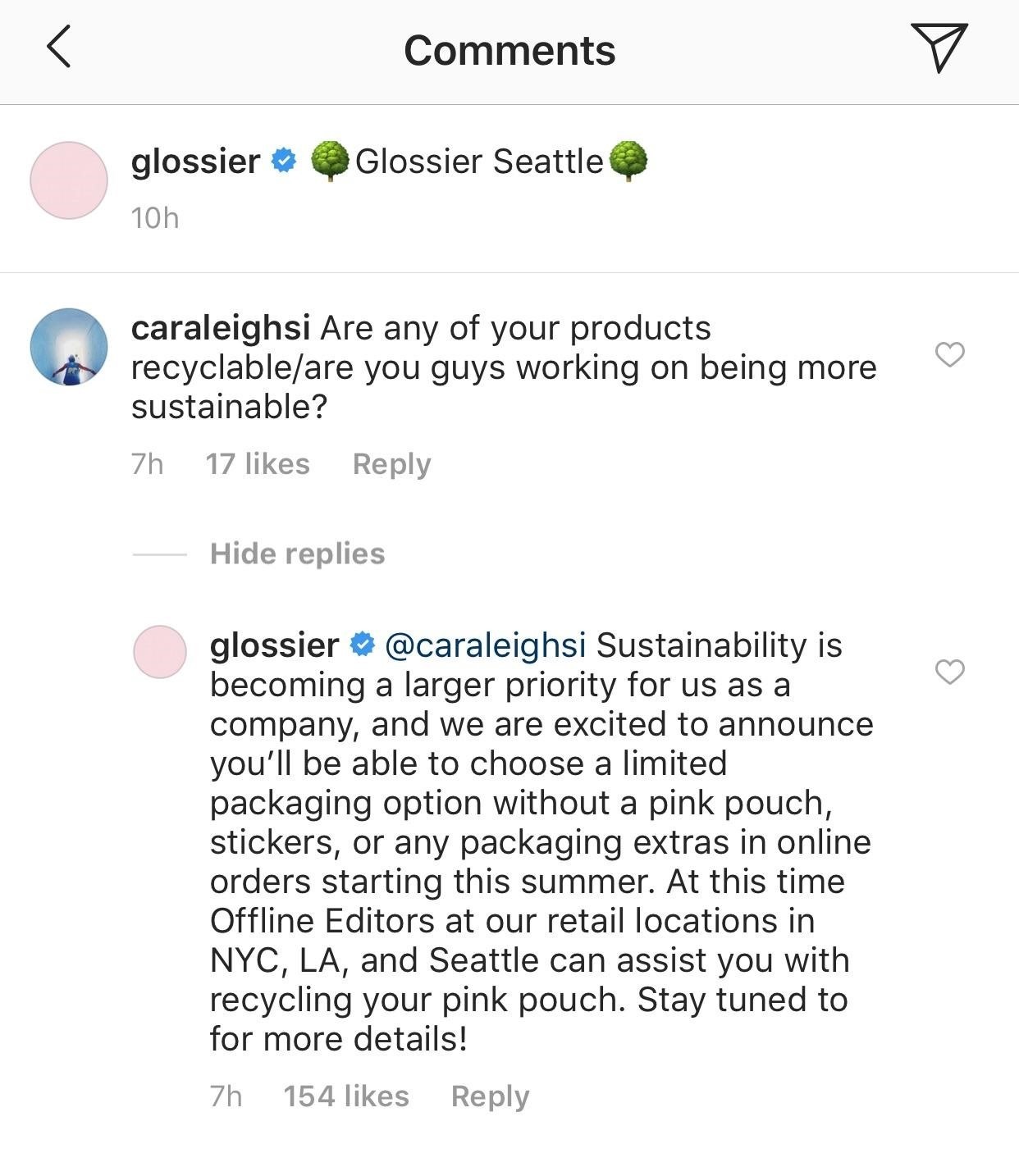 An image that shows Glossier’s comment section where the brand is addressing a customer’s concern with a note.