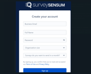 This image shows mandatory fields like email ID, name, and password, while creating an account for Survey
