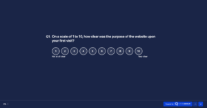 An image showing one of the website usability survey questions asking - On a scale of 1 to 10, how clear was the purpose of the website upon your first visit?
