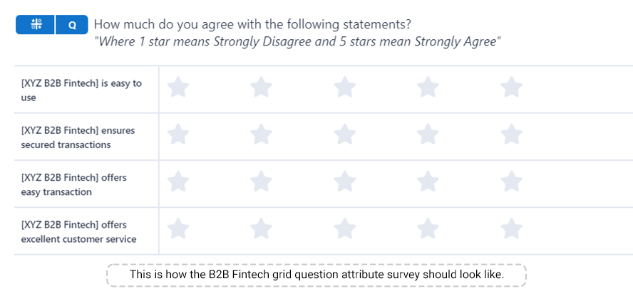 An image showing the example of a B2B Fintech company survey created on the SurveySensum platform where the customer is being asked to rate their experience with different aspects of the fintech company.