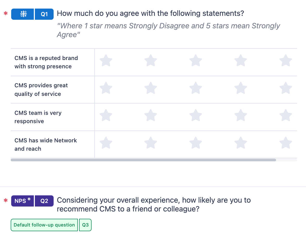 An image showing the example of a B2B Service company survey created on the SurveySensum platform where the customer is being asked to rate their experience with different aspects of the CMS company.