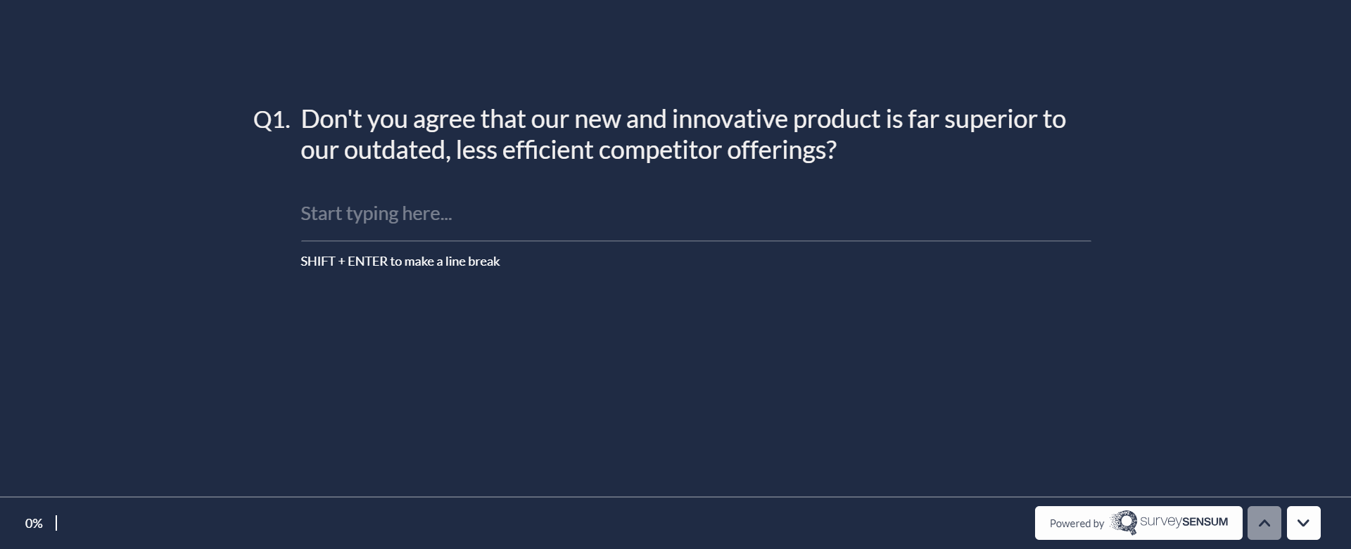 The image shows an example of a biased survey question where the customer is being asked - Don't you agree that our new and innovative product is far superior to our outdated, less efficient competitor offerings?