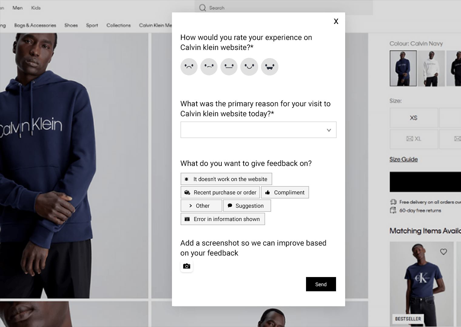 An image that shows a Calvin Klein CSAT survey example where a pop-up survey has appeared on the product page. 