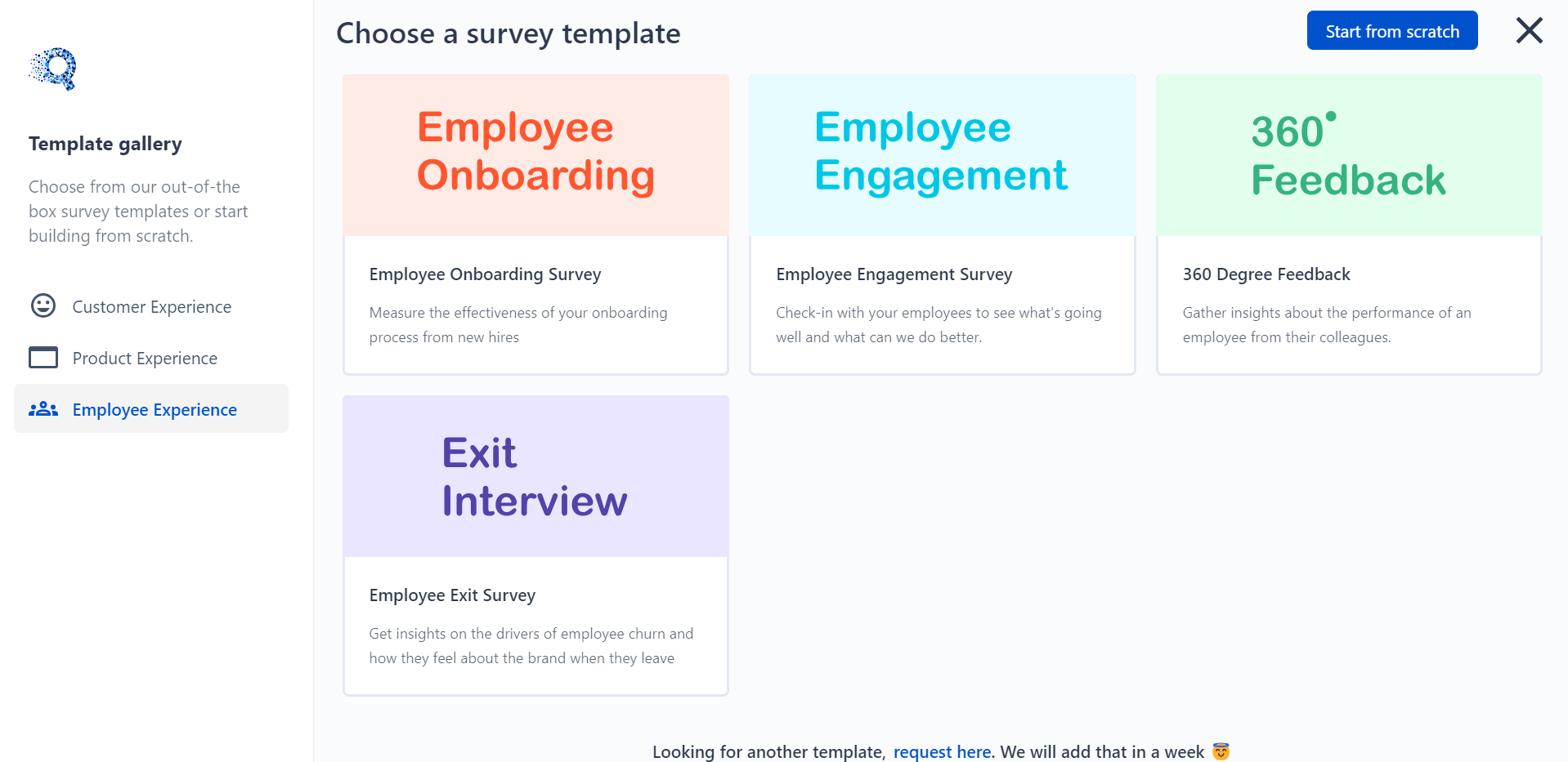 This image shows the different survey templates of employee experience like employee onboarding, exit survey, etc on the SurveySensum survey-builder tool. 