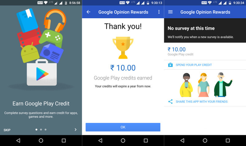 An image that shows Google Opinion Rewards’ Dashboard and how it give users credit to improve their survey responses.