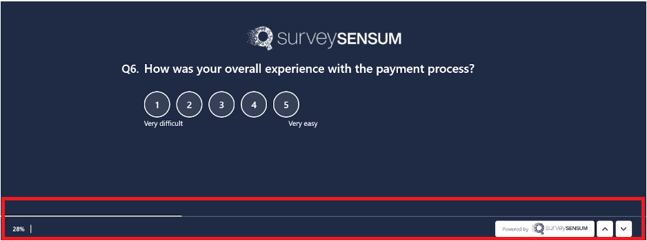 The image shows the progress bar feature of the SurveySensum survey builder that shows the percentage of surveys remaining at the bottom. 