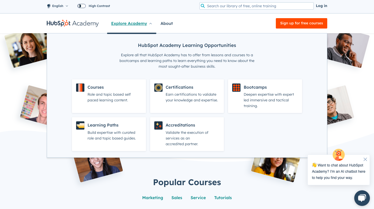 An image that shows HubSpot Academy’s Dashboard where different learning opportunities can be seen like courses, certifications, boot camps, learning paths, and accreditations. 