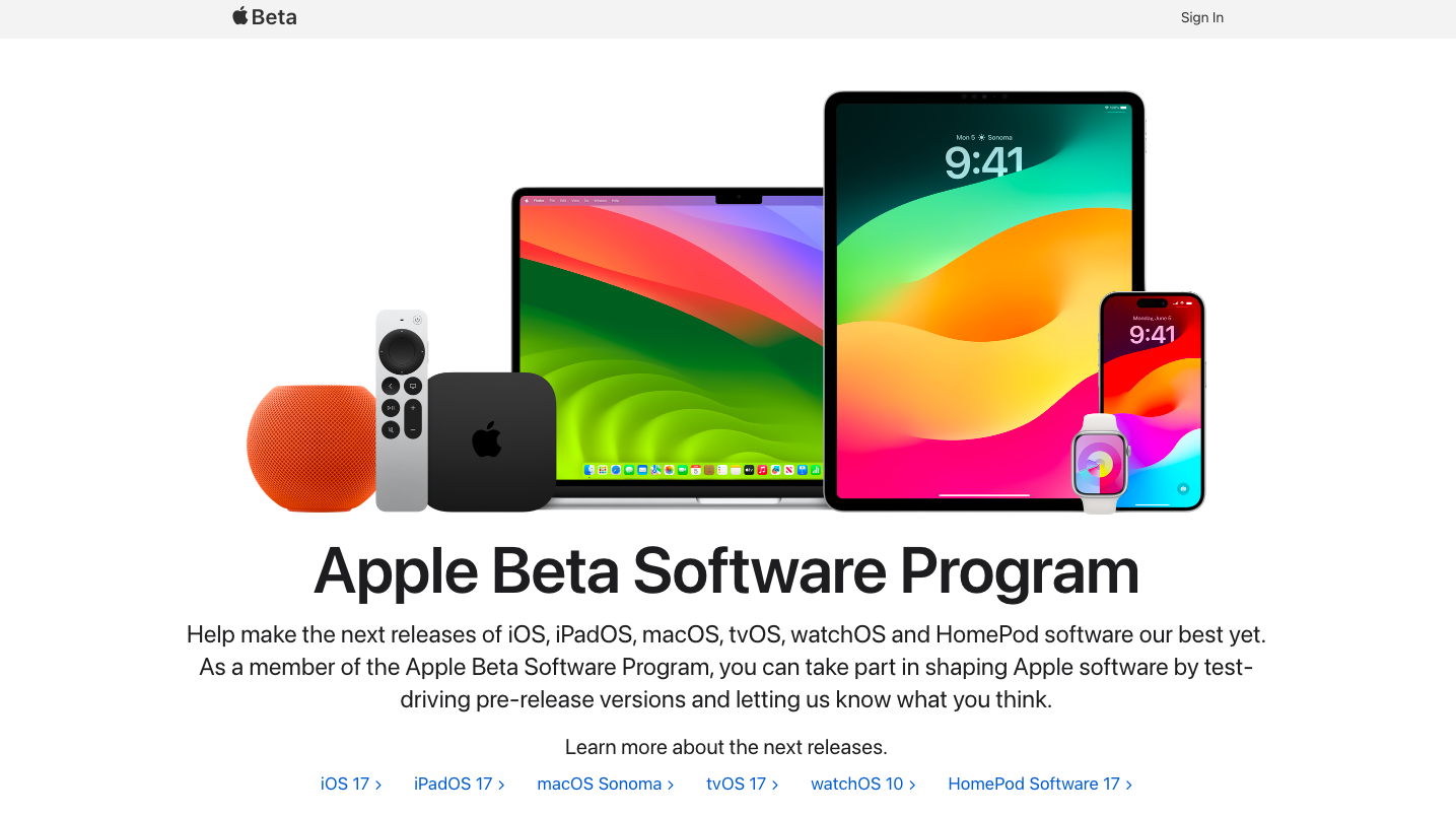  An image that shows the homepage of Apple’s Beta Software Program where various Apple products are displayed. 