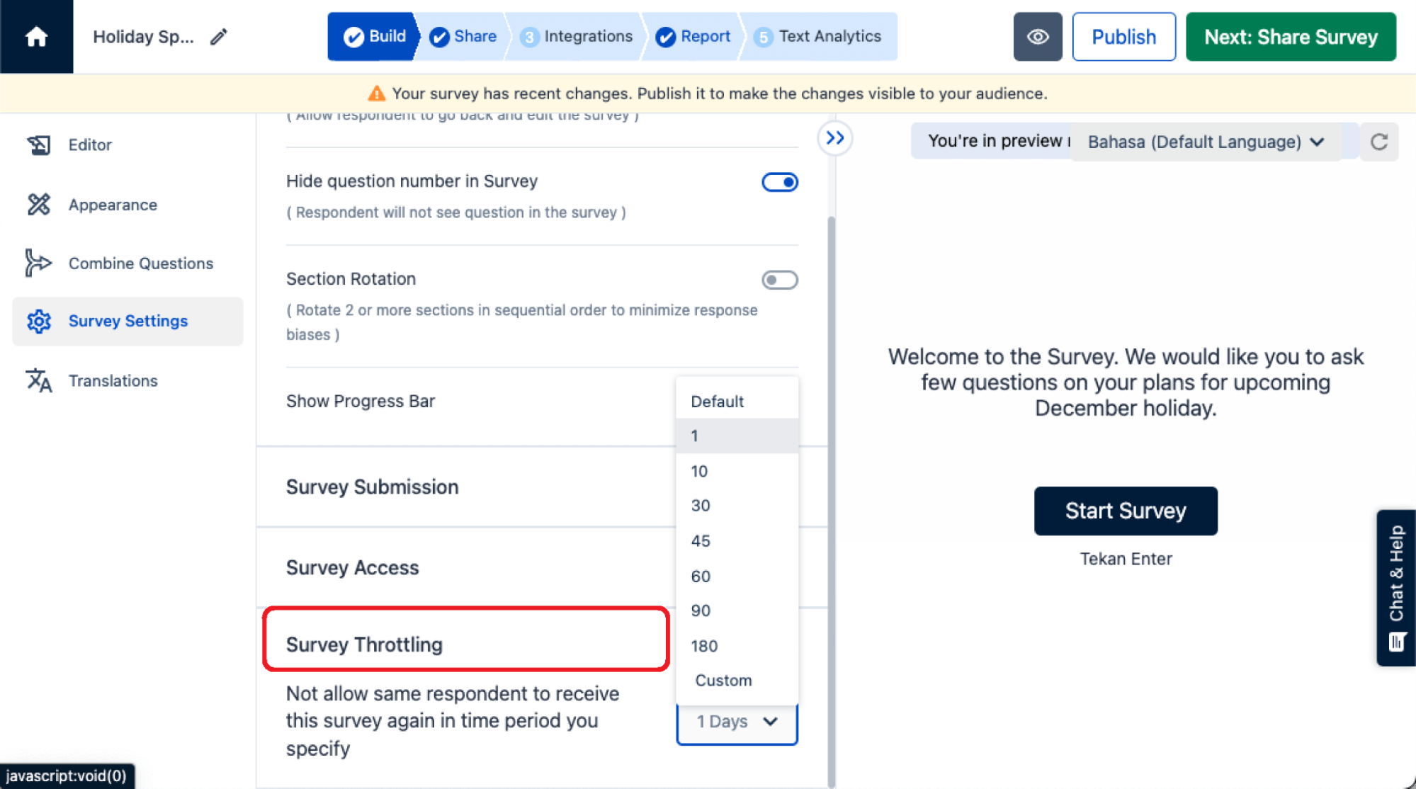 The image shows the Survey Throttling feature of SurveySensum where you can add a defined timeline to your survey frequency which will not allow you to send the survey to your customers within that time frame
