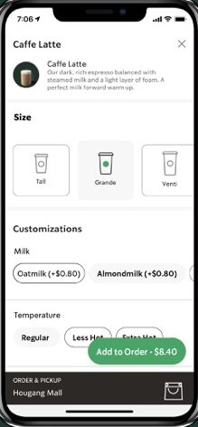 The images show the customization of drinks by Starbucks via the app