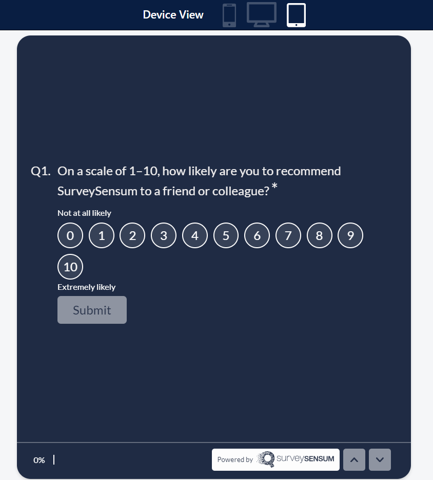  This is the image of a survey created on the SurvyeSensum survey builder tool that is responsive and adaptable to all screen sizes and devices. 